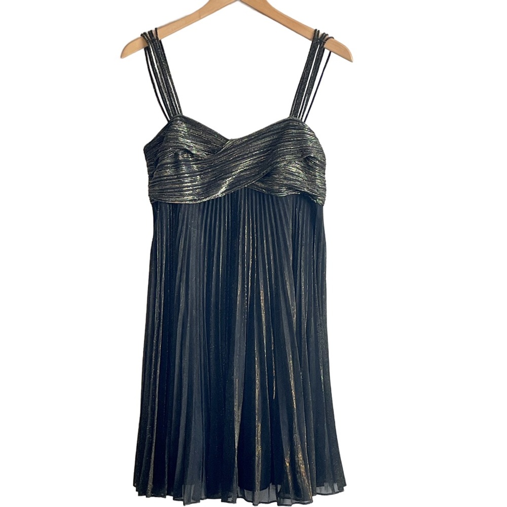 Bari-Jay Regencycore Black Gold Shimmer Babydoll Y2K Accordion Mini Dress Sz 1